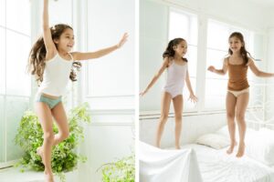 Two images of two girls joyfully jumping on a bed, capturing their playful energy and excitement